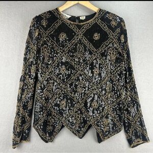 Vintage Chic Black and Gold 100% Silk Women's Blouse